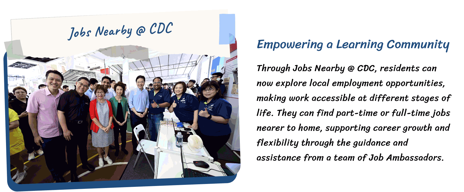 Group of people smiling at a Jobs Nearby CDC employment fair booth, with text about empowering a learning community.